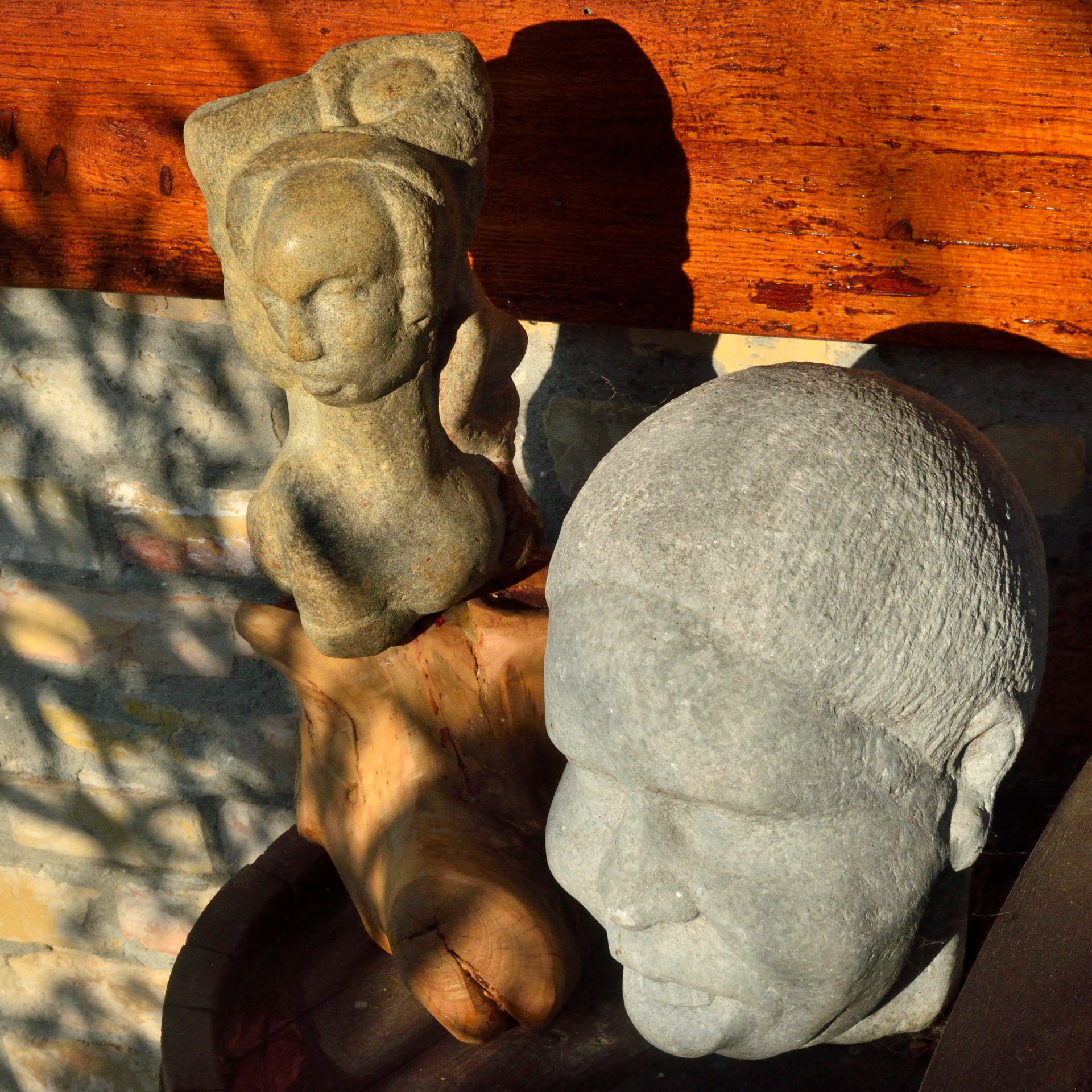 Title: My sculptures: from the present and past (Quarks threesome and Portrait) - in my studio